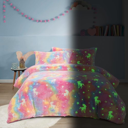 HOMBYS Pink Velvet Glow in The Dark Comforter Set 5 Piece Twin/Twin XL with Sheets, Ultra Soft Down Alternative Comforter for Teenage Girls Kids, Bed in a Bag