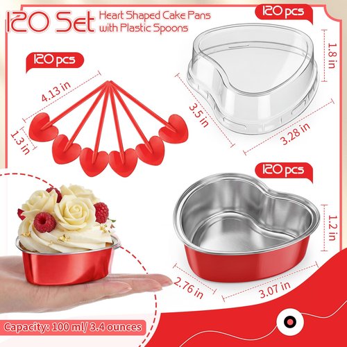Blushtier 120 Set 3.4 oz Heart Shaped Cake Pans with Lids Spoons for Baking Aluminum Foil Cupcake Cups Disposable Mini Plastic Spoons Heart Containers for Valentine's Day Wedding Birthday Party (Red)