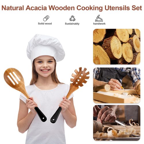 ROSOS Wooden Spoons For Cooking, 6 PCS Natural Acacia Wooden Cooking Utensils or Non-Stick Wooden Kitchen Utensil Set for Kitchen Essentials, Smooth Grip Wooden Spoons with Hanging Hole, Black