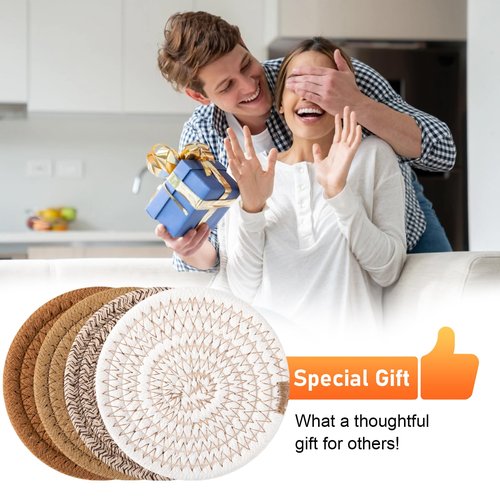 OIAHOMY 8 Pcs Coasters with Holder for Beer, Coffee, Woven Cotton Coaster Set for Table Decor for Kitchen, Bar, Dining Room, Living Room, Housewarming Gifts - Yellow