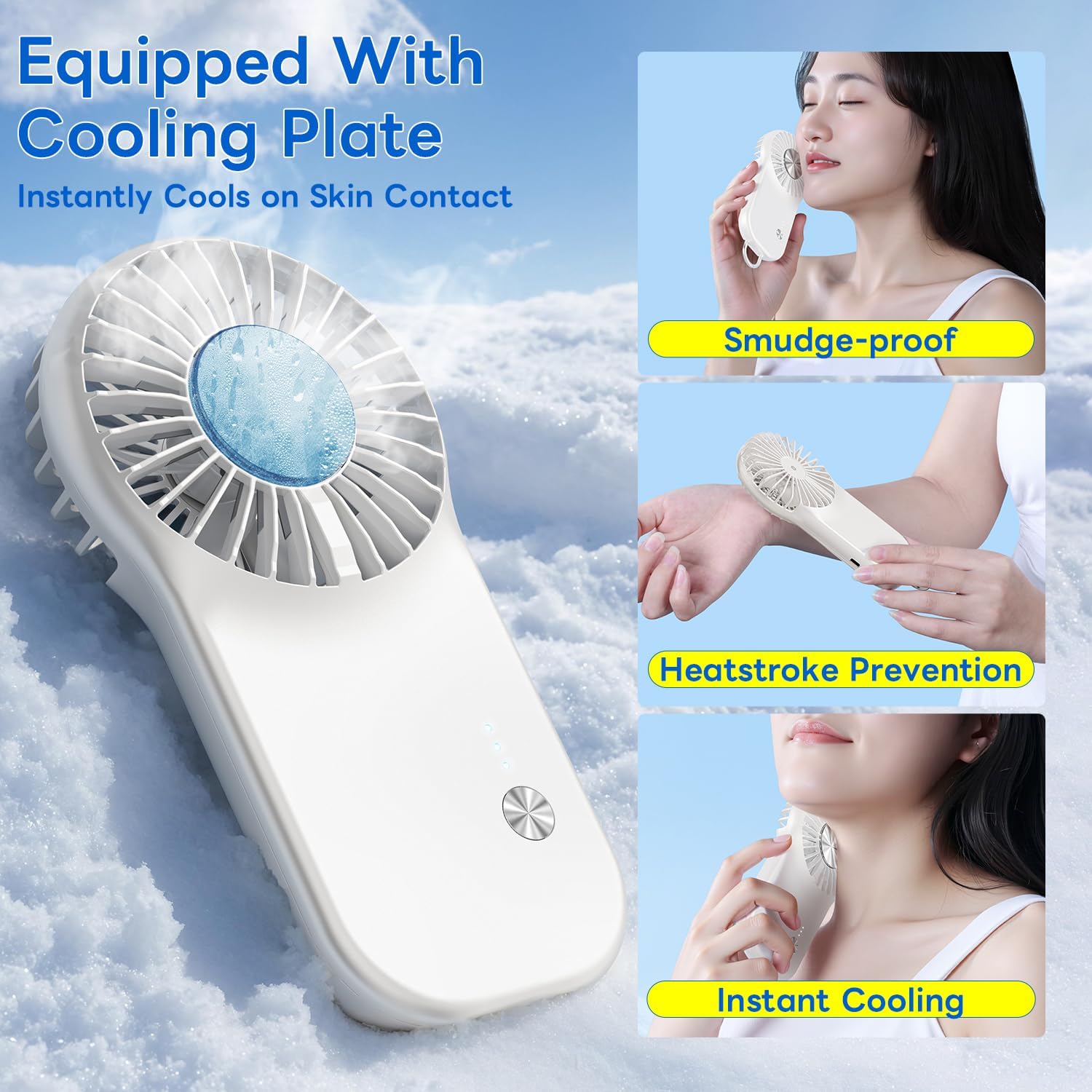 Skiennix Handheld Mini Fan - Portable USB Rechargeable Cooling Fan with 5 Speeds | Cute Design for Travel & Makeup - White
