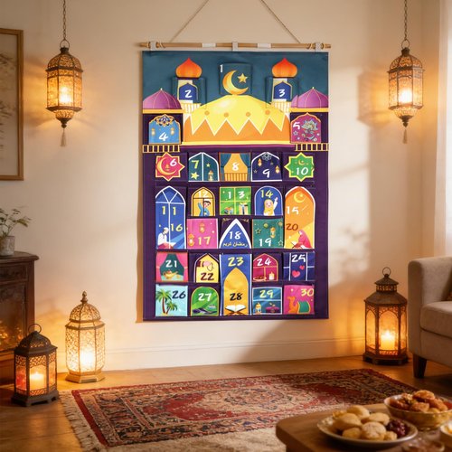HOWAF Fabric Ramadan Advent Calendar (Countdown to Eid), Mosque Eid Ramadan Countdown Calendar with 30 Pockets for Ramadan Mubarak Home Wall Decoration, Islamic Decor Eid Holiday Advent Calendar Planner Supplies