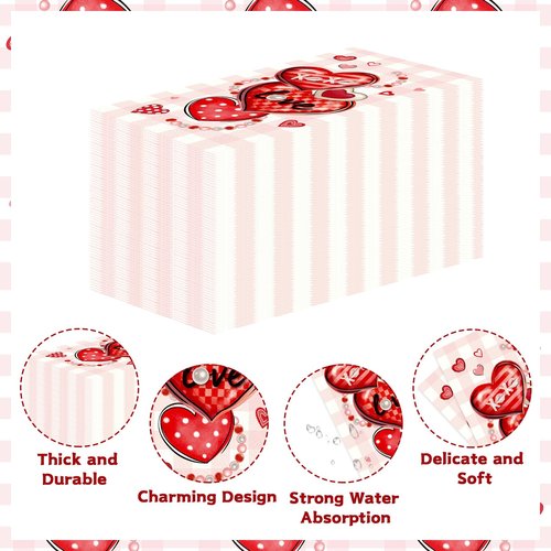 100Pcs Valentine Paper Napkins 3 Ply Red Pink Heart Love XOXO Disposable Absorbent Hand Towels Valentine's Day Decorative Guest Napkins for Wedding Romantic Lunch Dinner Bathroom Party Decorations
