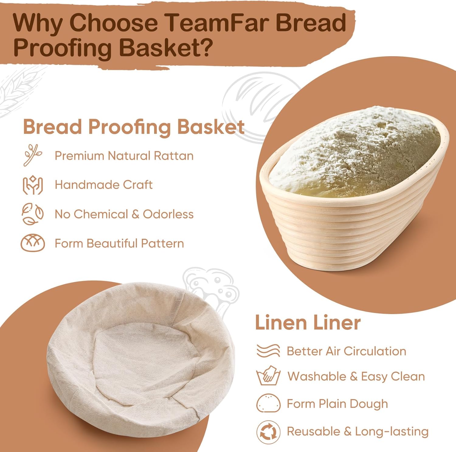TeamFar Bread Proofing Basket Set - 10 Inch Oval Sourdough Baking Baskets with Liner for Dough Fermentation
