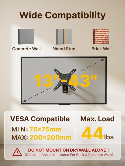 monTEK Full Motion TV Wall Mount Bracket - Swivel & Tilt for 13-43 Inch TVs | Max VESA 200x200mm, 44lbs Capacity