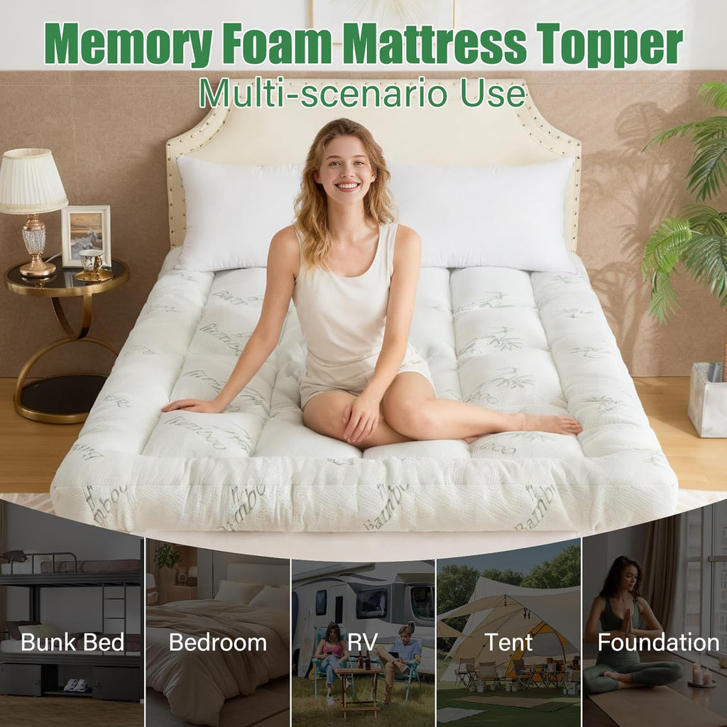 WhatsBedding 5-Inch Memory Foam Mattress Topper - Soft Bamboo Viscose, Breathable Design, Queen Size 80x60in