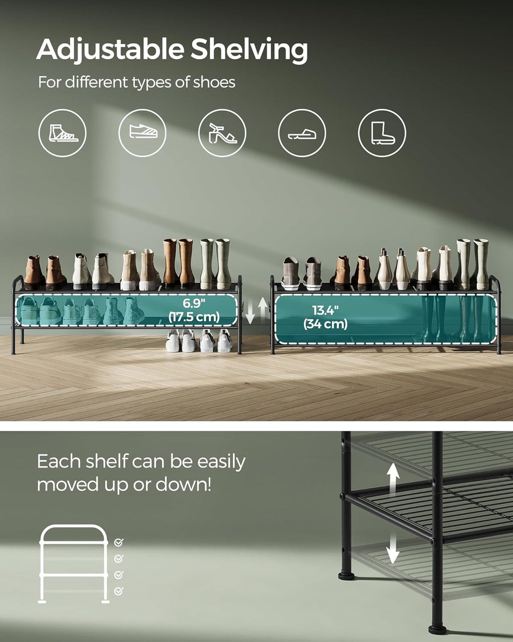 SONGMICS 2-Tier Shoe Rack - Height-Adjustable Metal Organizer with 4 Side Hooks | Holds 18 Pairs - Ink Black