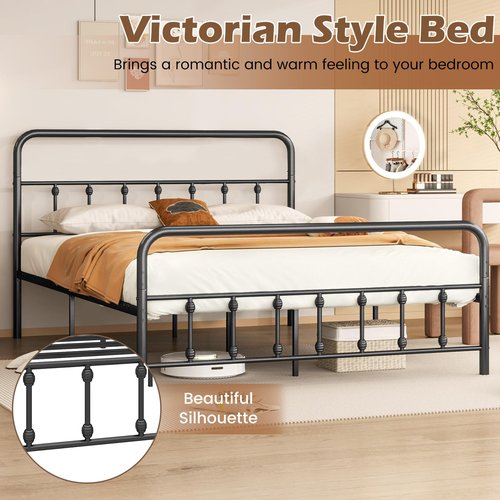 Giantex Metal Platform Bed Frame Queen Size, Victorian Style Queen Platform Bed with Headboard & Footboard, Heavy Duty Mattress Foundation, 1100 lbs Capacity, No Box Spring Needed, Noise-Free, Black