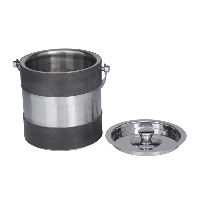 Round Handmade Gray Leather Ice Bucket with Lid - 8" x 7"