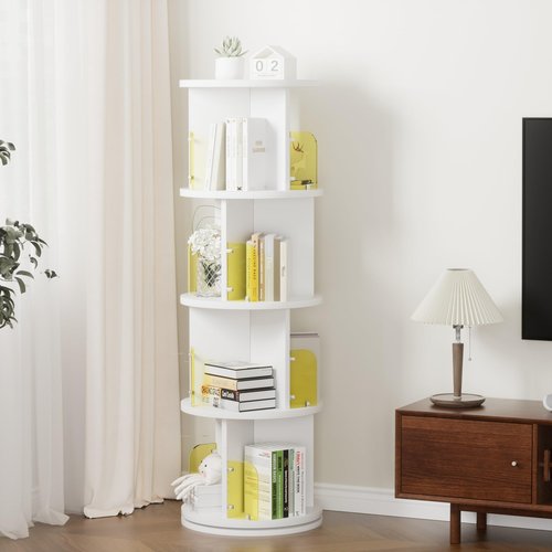 VECELO 4-Tier Rotating Bookshelf, Small Corner Bookshelf for Small Space, 360 Display Floor Standing Bookcase Storage Rack, Wood Narrow Book Shelf Organizer for Bedroom, Living Room, White