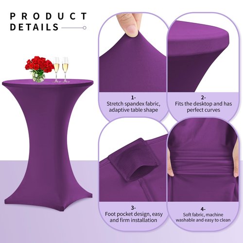 Tomeurperf 10 Pack Cocktail Table Covers Stretch Spandex Tablecloth 32""x43"" Cocktail Table Cover, Cocktail Round Tablecloth Table Cover for Wedding Banquet Cocktail Party(Purple)