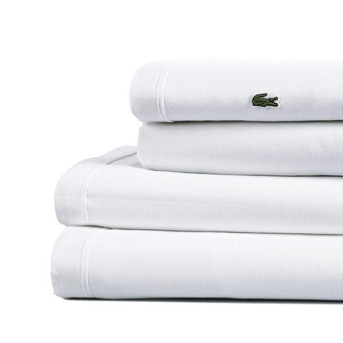 Lacoste 100% Cotton Percale 4-Piece Sheet Set – Cool, Crisp, Matte, and Durable, Oeko-Tex Certified – Solid, White, Queen
