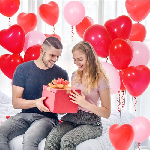 60Pcs Pink and Red Heart Shaped Balloons, Red Valentine's Day Balloons Set with Ribbon, for Wedding, valentines decorations, Marriage Proposal Props