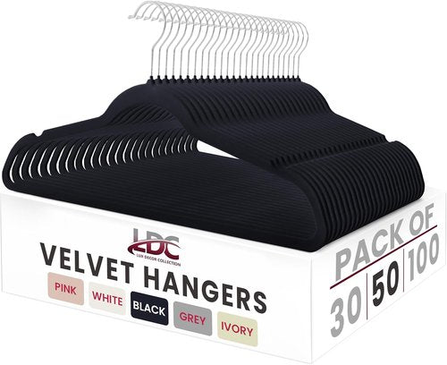 LDC Black Velvet Hangers - Premium Non-Slip Clothes Hangers with 360° Swivel Hook | 50 Pack - Black