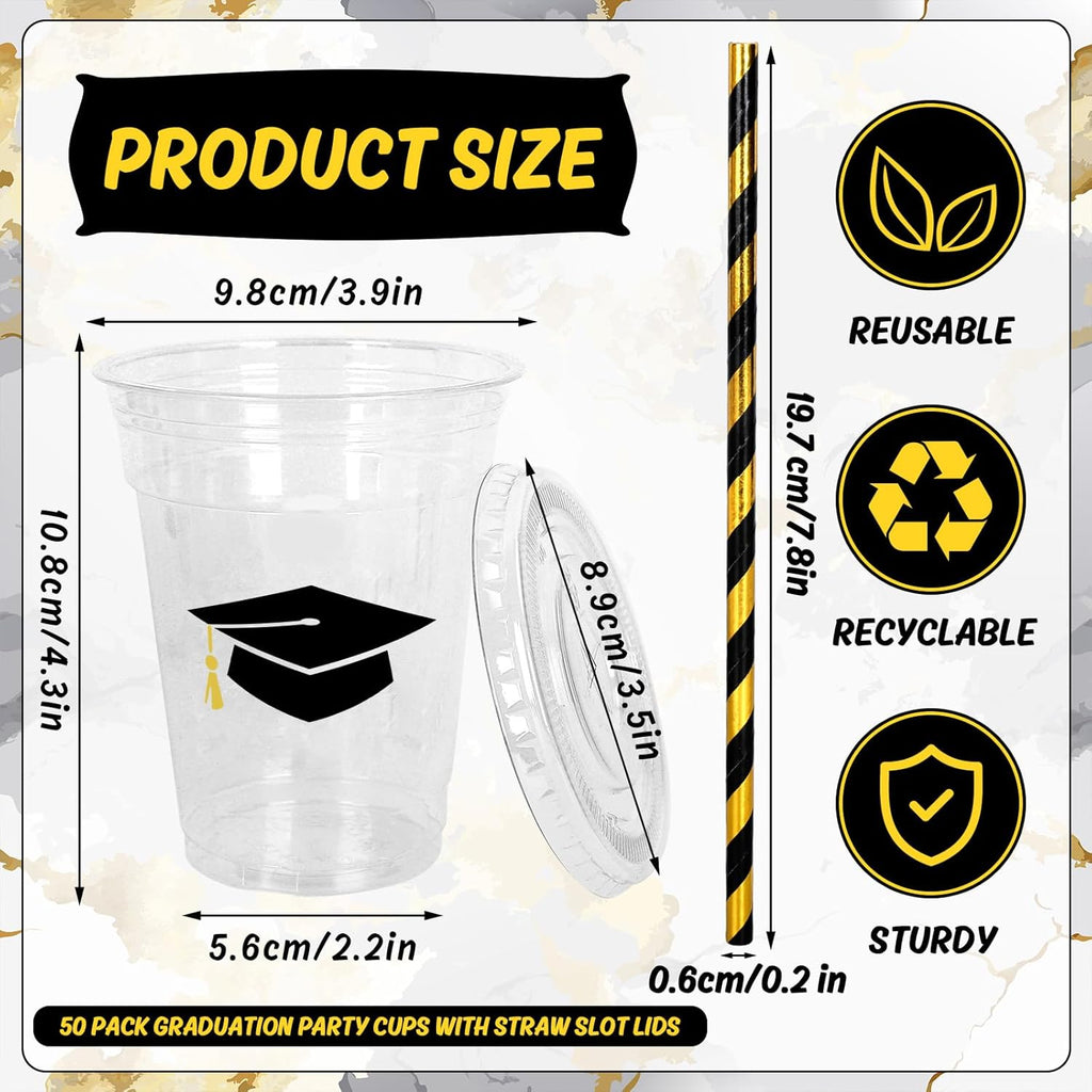 Whaline 50Pcs 12Oz Graduation Cups - Black Plastic Cups with Lids & Straws for Party Supplies