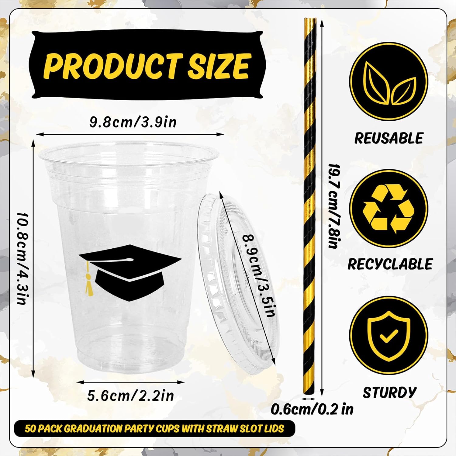 Whaline 50Pcs 12Oz Graduation Cups - Black Plastic Cups with Lids & Straws for Party Supplies