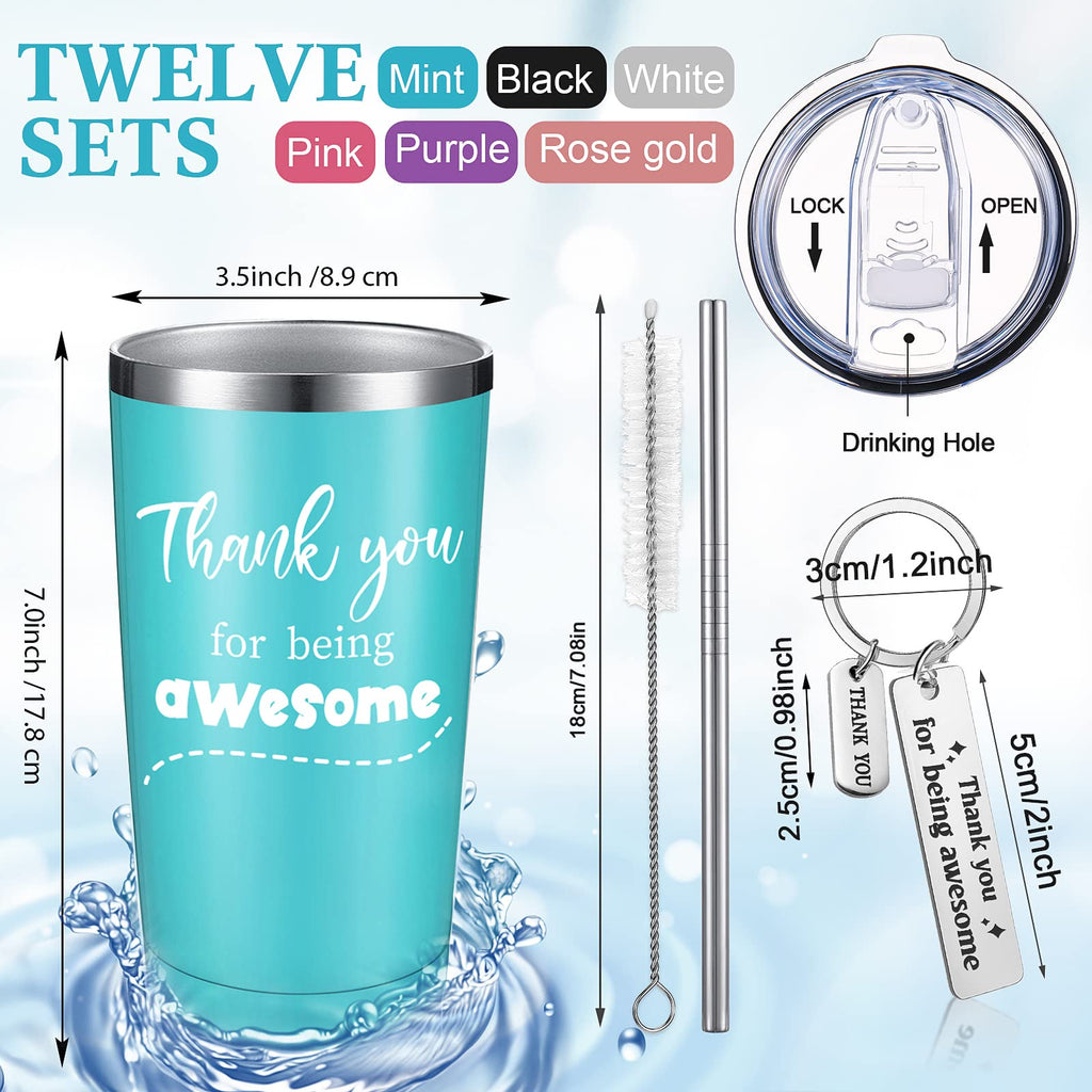 Thank You Gifts for Women Men 20 oz Inspirational Tumbler with Keychain Insulated Stainless Steel Appreciation Tumblers Team Motivational Encouragement Gift for Coworker Employees (Multicolor, 12 Pcs)