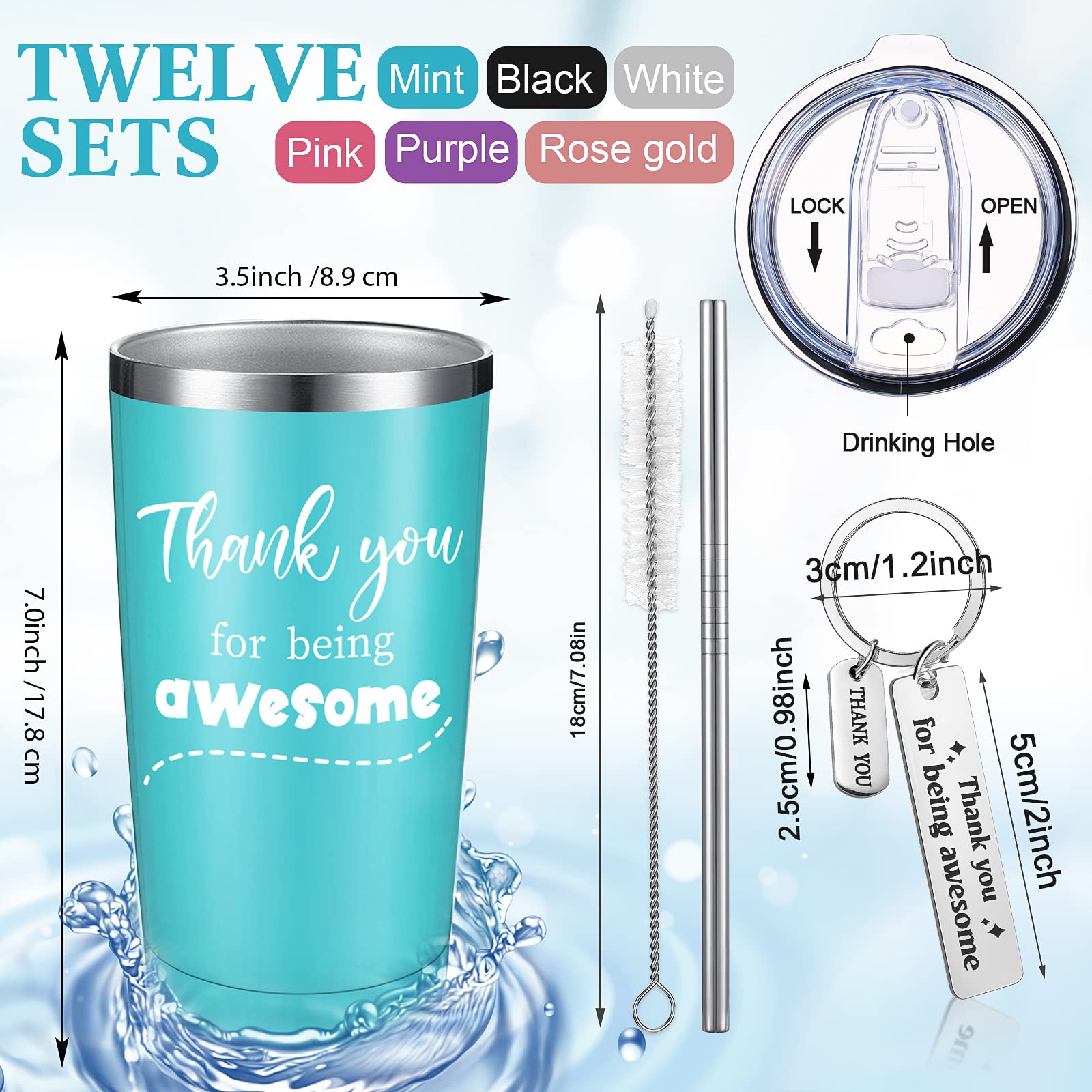 Thank You Gifts for Women Men 20 oz Inspirational Tumbler with Keychain Insulated Stainless Steel Appreciation Tumblers Team Motivational Encouragement Gift for Coworker Employees (Multicolor, 12 Pcs)