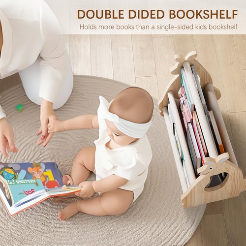 Lullulii Double Sided Kids Bookshelf – 2 Tier Portable Toddler Bookshelf, Book Shelf for Kids Rooms & Playroom, Cute Kangaroo Design Wooden Montessori Baby Bookshelf,Toddler Book Display Shelve,Nature