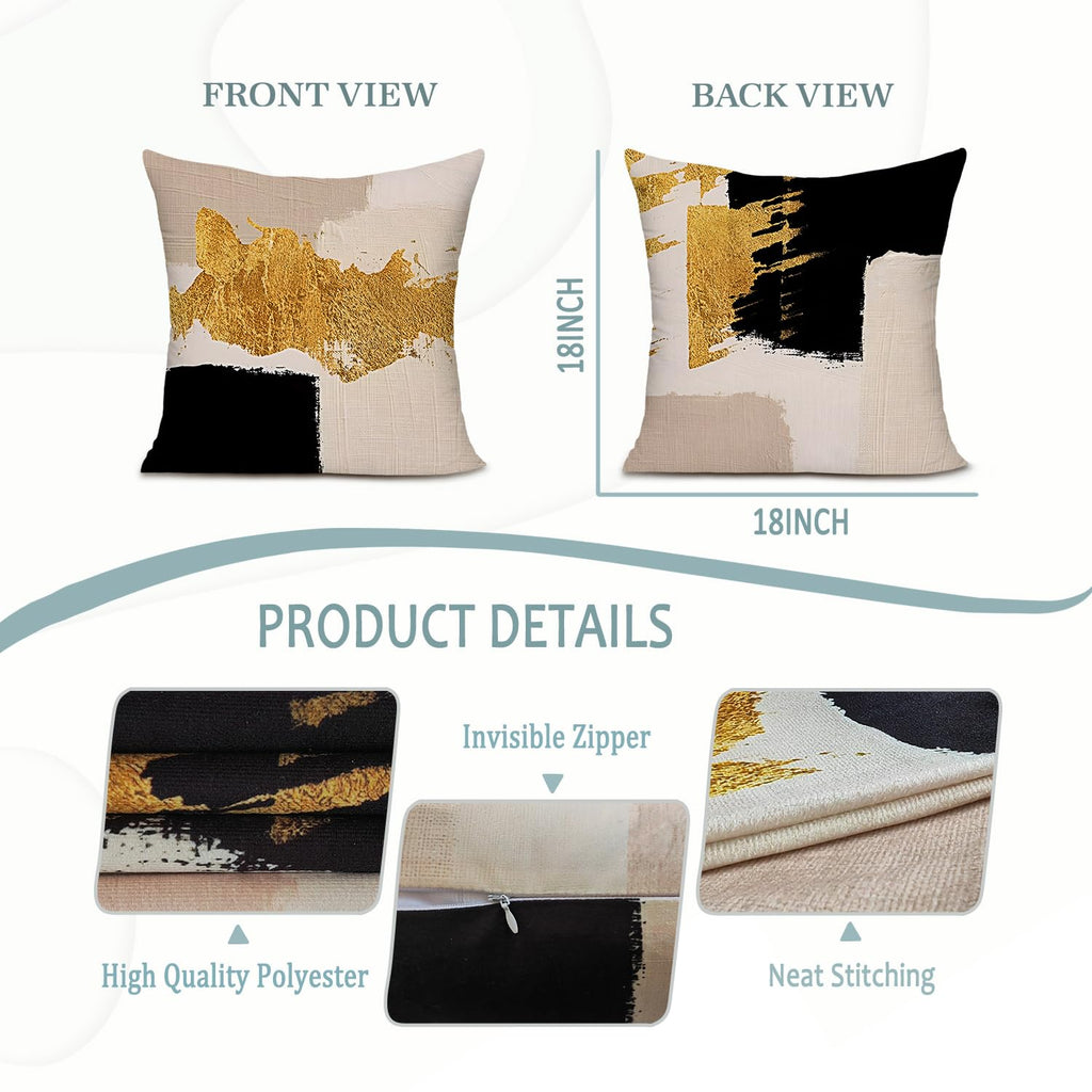 KAIOUS Black and Gold Pillow Covers, Black Gold Beige Decorative Throw Pillow Covers for Couch Sofa Bed Living Room Bedroom 18x18 Inches Set of 2