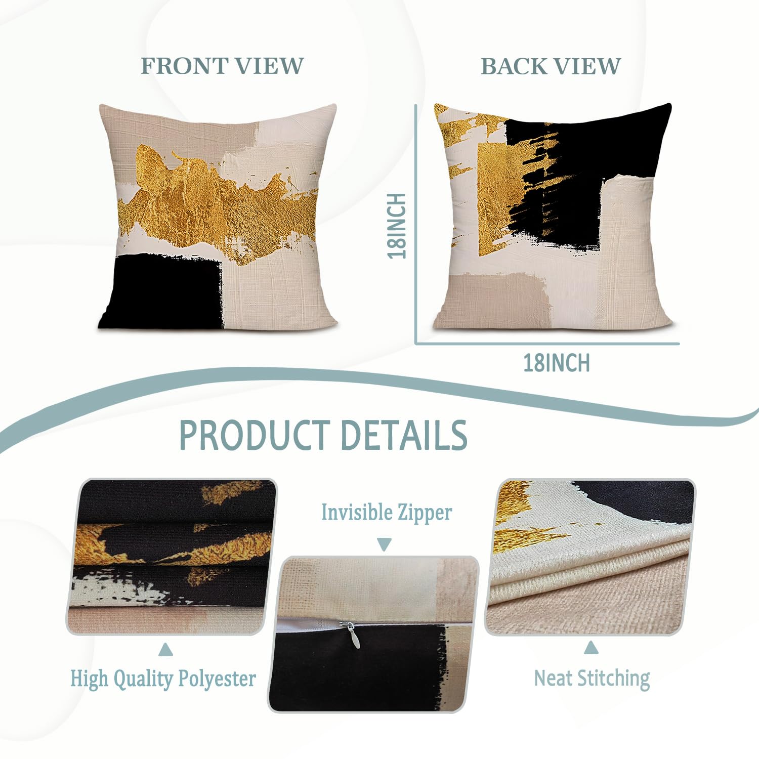 KAIOUS Black and Gold Pillow Covers, Black Gold Beige Decorative Throw Pillow Covers for Couch Sofa Bed Living Room Bedroom 18x18 Inches Set of 2