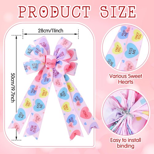 Liliful Valentine's Day Tree Topper Bows Pink Candy Heart Wreath Bow Decoration Gift Conversation Heart Topper Bows for Front Door Holiday Wreath Wedding Party Wall Home Outdoor Decor