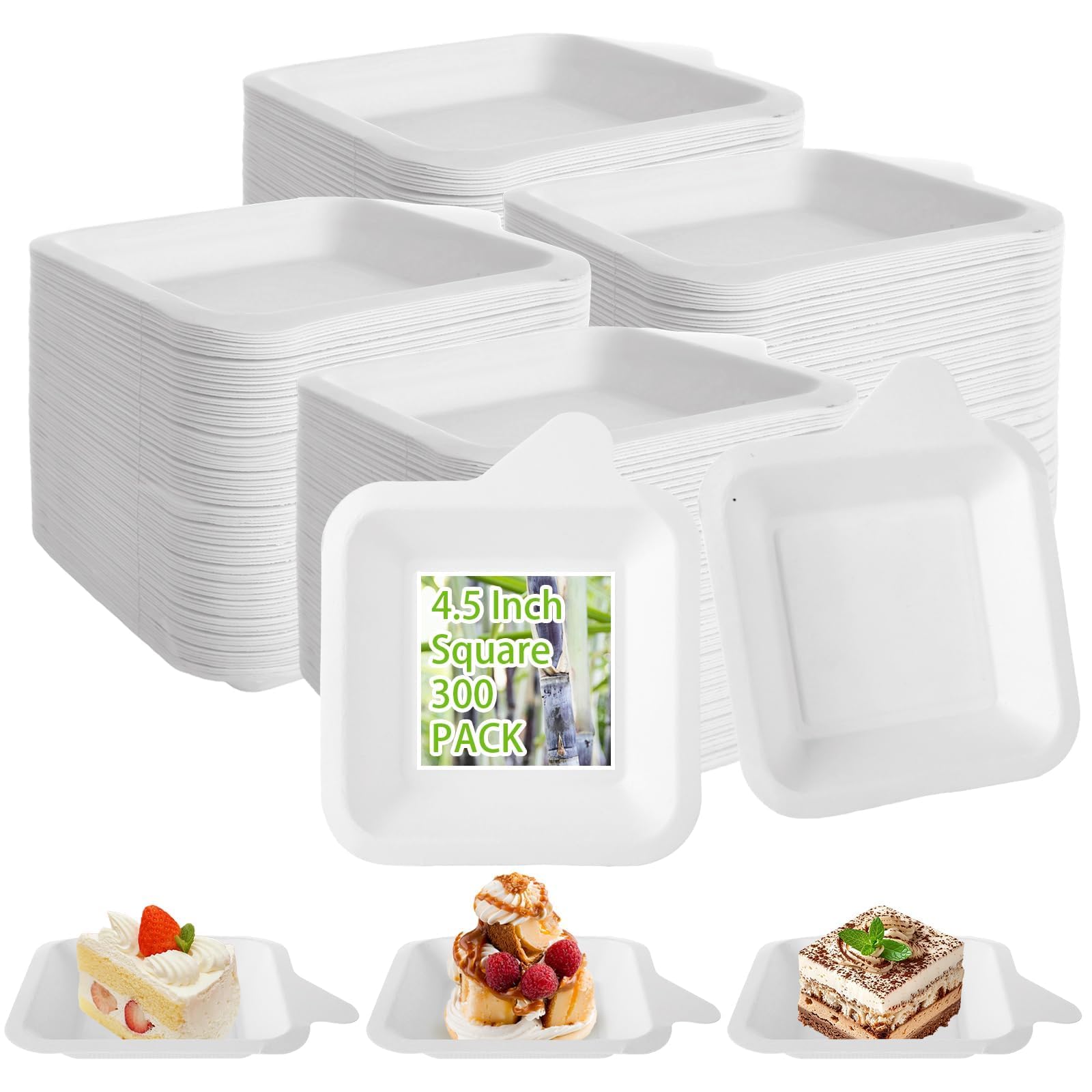 Oungy 300 PCS Small Paper Plates 4 Inch Small Disposable Plates White Square Paper Plates Paper Dessert Plates Paper Plates Bulk Cake Paper Plates Sugarcane Plates for Holiday Wedding Graduation Party