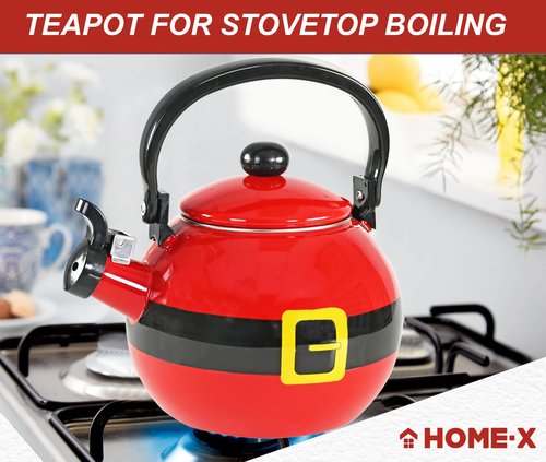 Home-X Santa Claus Whistling Tea Kettle - Porcelain Coated Stainless Steel Tea Kettle for Boiling Water - Cute Red Teapot for Stovetop - 2-Liter Capacity, 9"L x 7"W x 9"H Whistling Teapot