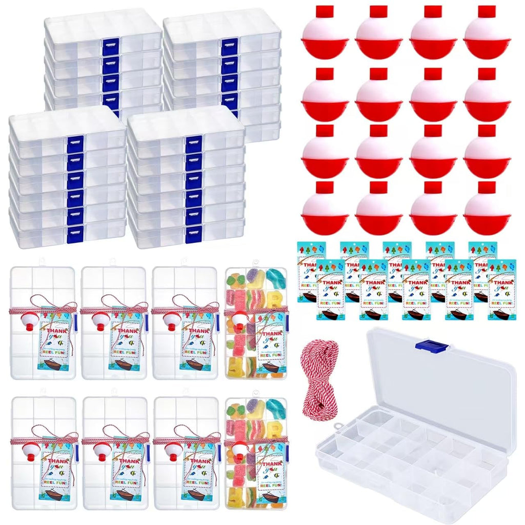 Cherizia 73Pcs Fishing Party Favors Candy Little Tackle Boxes 24 Sets with Red White Floater Thank You Cards for Making My Reel Fun Fishing Gone Theme Party Decorations (24)