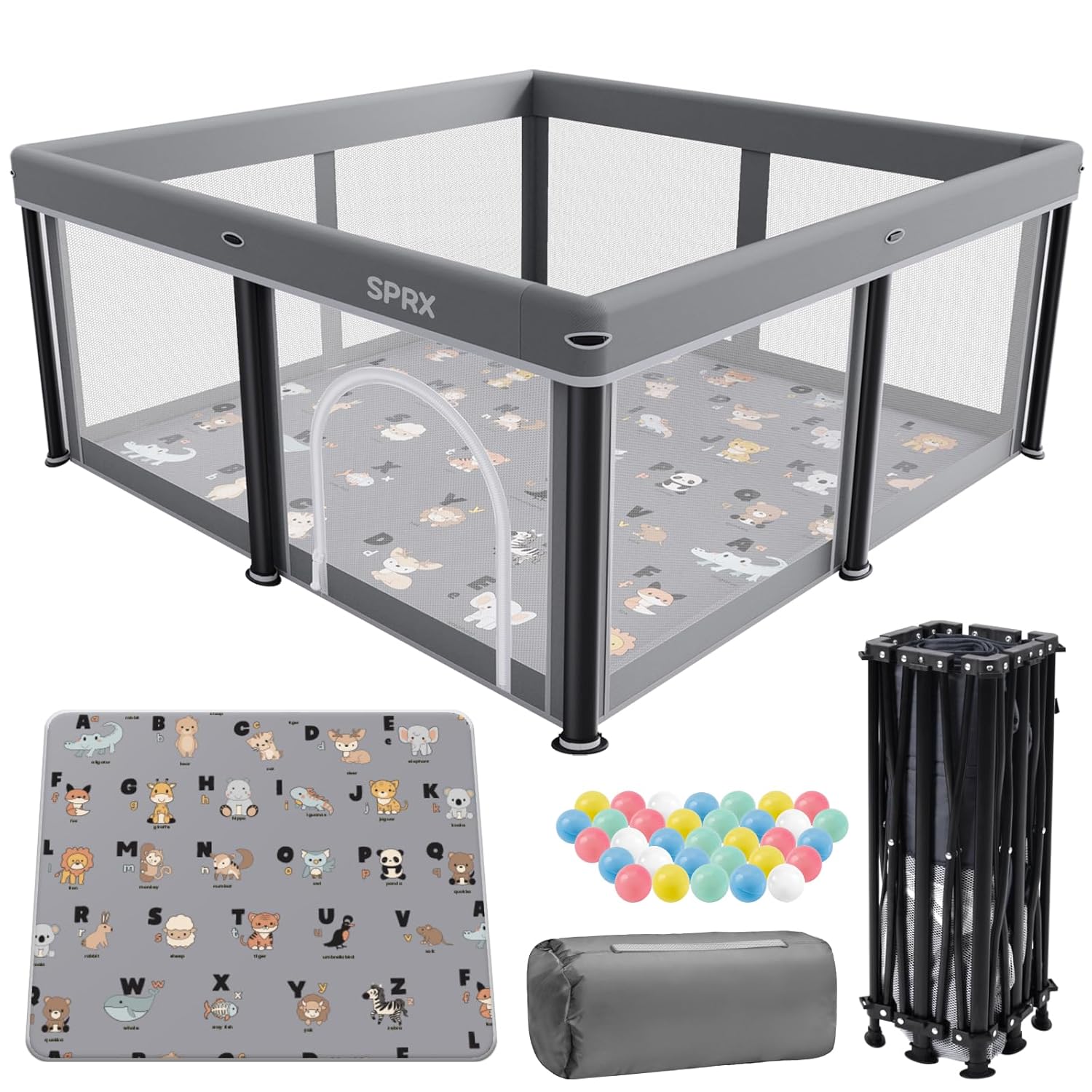 Skiennix Foldable Baby Playpen - 50" x 50" Collapsible Playard for Indoor & Outdoor Use | Includes Travel Pack & 30 Ocean Balls