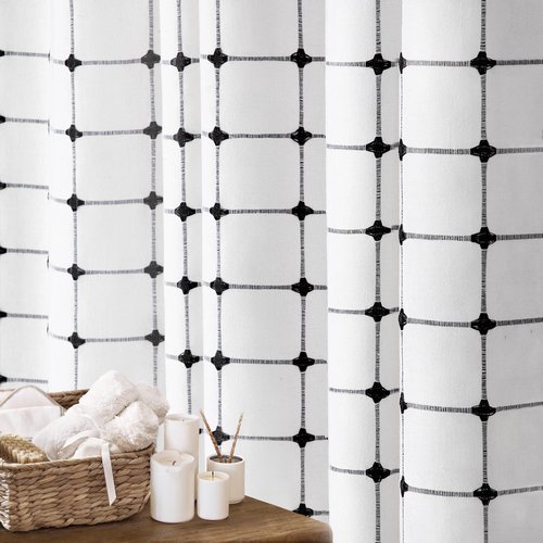 NDDYCU Black and White Shower Curtain Boho Linen Fabric with Embroidered Plaid Pattern and Tassels for Bathroom,72" W×72" L