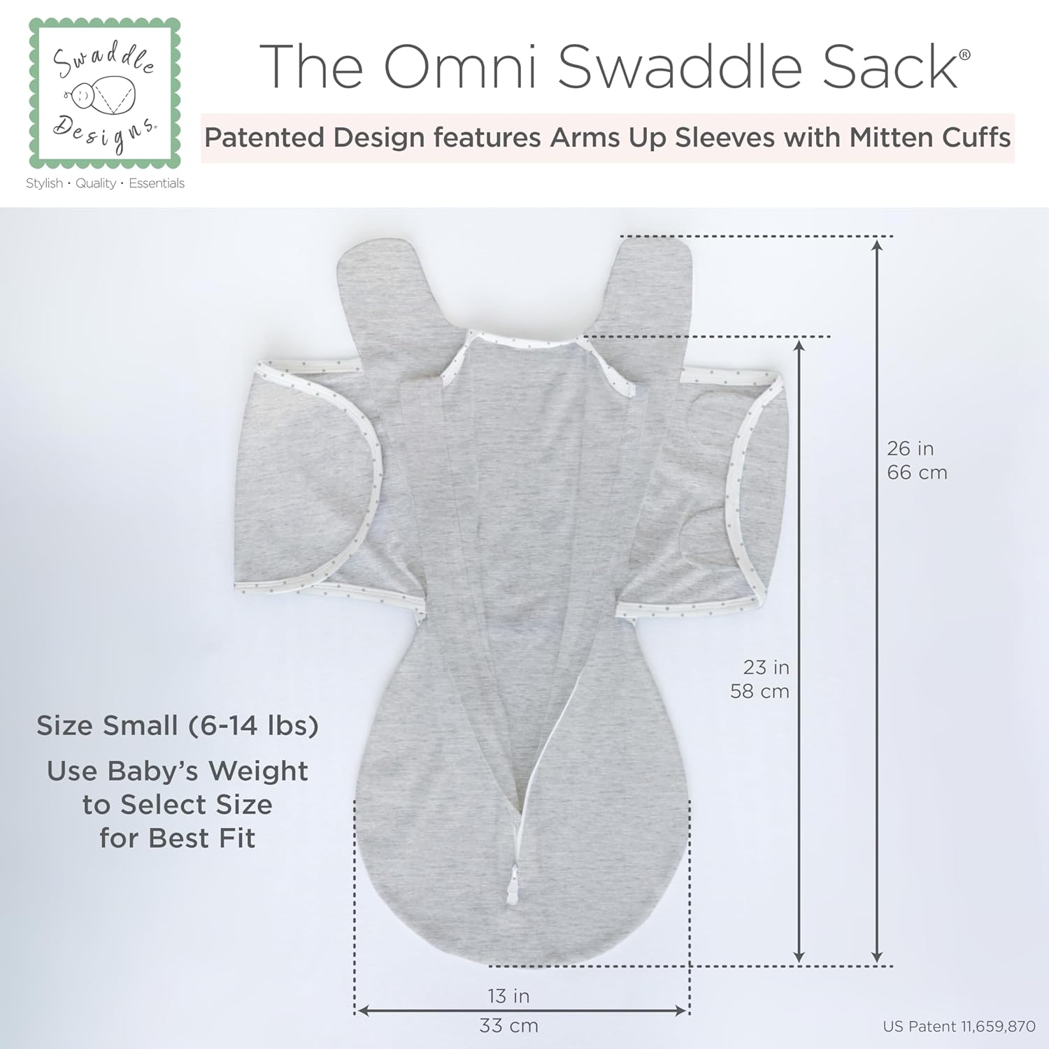 SwaddleDesigns 6-Way Omni Swaddle Sack - Arms Up Design for Newborns | Enhances Sleep, Small, 0-3 Months, Heathered Gray