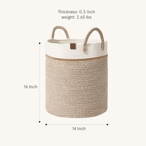 LA JOLIE MUSE Woven Basket Rope Storage Baskets - Tall Cotton Basket 16 x 14 x 14 Inches, Laundry Basket for Blanket, Kids Toy, Nursery Clothes Hamper Basket White & Desert