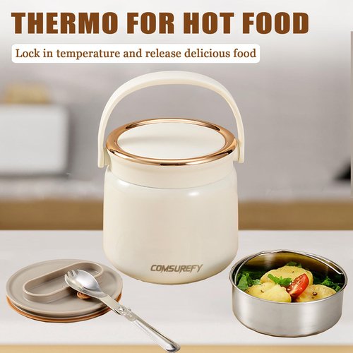 COMSUREFY 40oz/1.2L Thermo for Hot Food for Adults - 18/10 Stainless Steel Vacuum-Insulated Double-Wall, 100% Leak-Proof Wide Mouth, with Folding Spoon for Office/Travel/Outdoor
