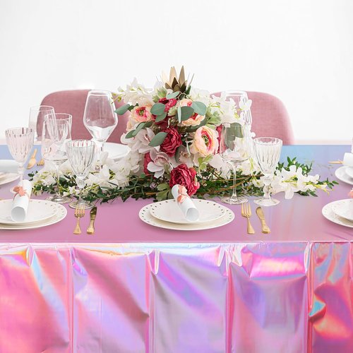 FunnyPars Iridescent Pink Tablecloths - Shiny Disposable Laser Rectangle Covers | 54x108 Inch for Parties & Events