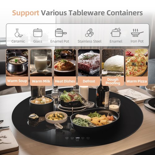 Electric Circle Warming Tray，Auto-Turntable 360°Rotation, Food Warmer for House Parties, Chafing Dishes for buffet,9 Temp Settings, Heating Food 24in