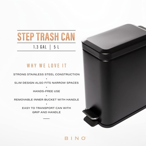 BINO Rectangular Step Trash Can - 1.3 Gallon Stainless Steel with Lid | Matte Black Kitchen & Bathroom Solution