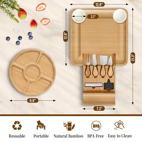 Premium Charcuterie Board with Lid – Bamboo Cheese Board Set with Utensils, Drawer & Fruit Tray – House Warming Gifts New Home, Wedding, Birthday, Bridal Shower (Black)