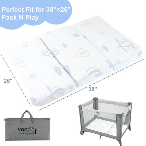 voomf Pack and Play Mattress Trifold, 38"x26"x3'' Memory Foam Dual-Sided Pack N Play Mattresses for Baby Toddler, Soft Baby Crib Mattress for Pack N Play with Machine Washable Cover Balloon Pattern