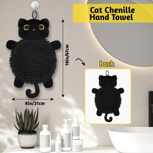 JEROKUMI Cat Hand Towel - Kitchen Towels with Hanging Loops Super Absorbent Chenille Hand Face Bath Towel, Funny Towel Kitchen & Bathroom Decor, Perfect Cat Gift for Women (8x18 Inch)