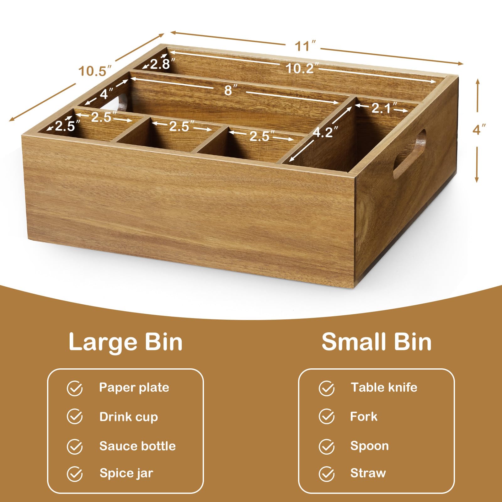 Acacia Wood Utensil Holder for Party, 6-Compartment Paper Plate and Silverware Organizer with Handles, Rustic Utensil Caddy for Parties, Outdoor Gatherings, and Kitchen Countertop Organization