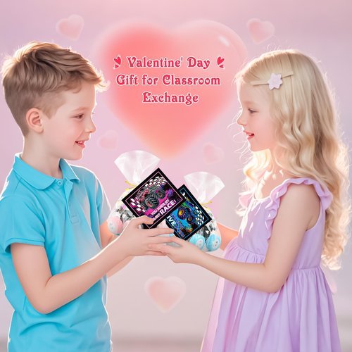 24 Pack Valentines Day Cards with Monster Truck Toy for Kids School, Valentines Day Gifts for Kids, Valentine Greeting Cards Exchange for School Classroom, Party Favors Prizes for Boys Girls