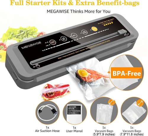 MegaWise Vacuum Sealer Machine - 80kPa Suction Power | Compact One-Touch Automatic Food Sealer with Bags & Cutter Included | Dry & Moist Modes for Versatile Food Preservation