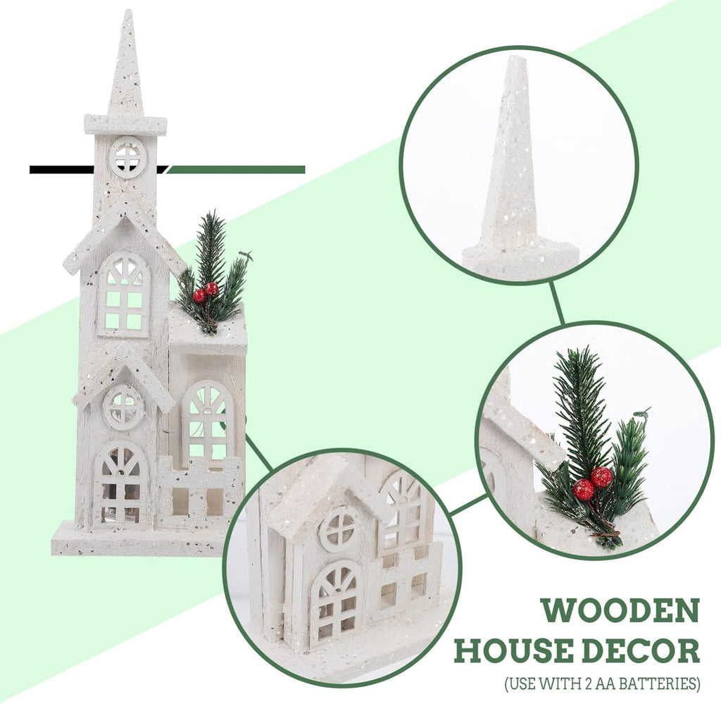 NUOBESTY Christmas LED Church Light House - Festive Wood Village Snow Scene Decor | Holiday Desktop Ornament