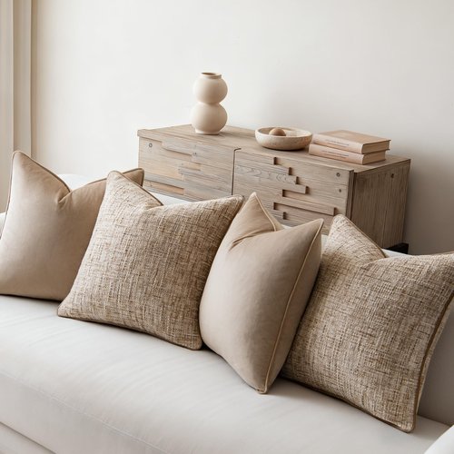 a moment Khaki 4 Pack Throw Pillow Covers - Chenille & Velvet Set with Piping, Farmhouse Textured Design Cushion Cases for Couch Sofa Bed (18x18 Inch, No Insert)