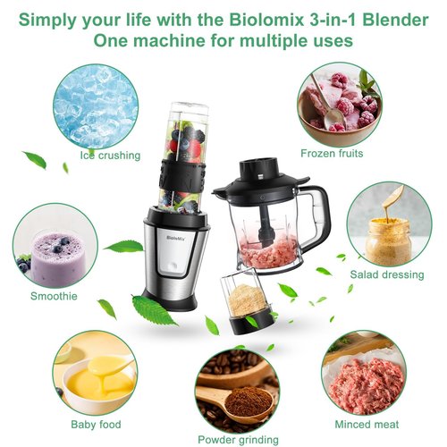 BioloMix Blender and Food Processor Combo, 700W Portable Juicer, Personal Blender, Meat Grinder, Food Processor, Coffee Spice Grinder, Meat Chopper, Smoothies, Fruits Mixer