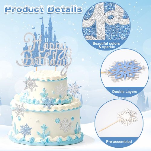 2Pcs Blue Castle Cake Toppers Princess Cake Decorations Princess Theme Birthday Castle Party Picks for Winter Wonderland Party Supplies Frozen Theme Party Decor