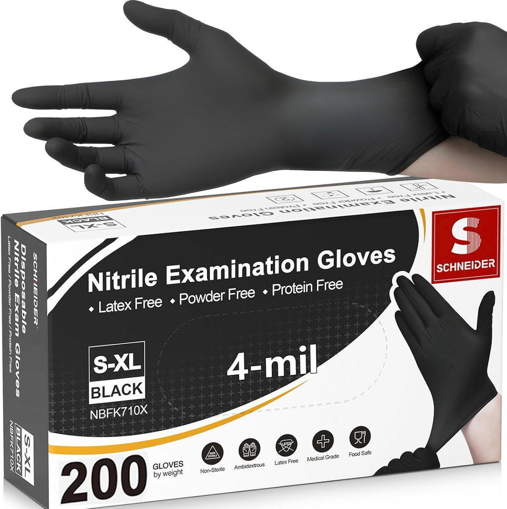 Schneider Nitrile Exam Gloves - 4 Mil Black Disposable, Latex-Free & Powder-Free | Food Safe for Cooking & Prep