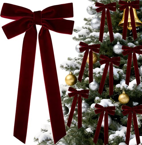 Burgundy Velvet Ribbon Bows by [Brand Name] - 8 Pcs 5in x 10in Ornaments for Christmas Tree & Gift Wrapping