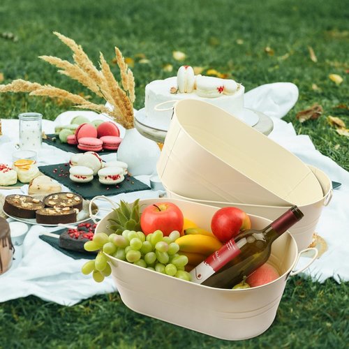 3 PCS 15.3 x 9 x 6 inches White Metal Galvanized Tub with Handles, 3 Gallon Galvanized Beverage Tubs for Parties, Large Metal Drink Ice Buckets for Beer, Wine, Cocktails & Outdoor Events